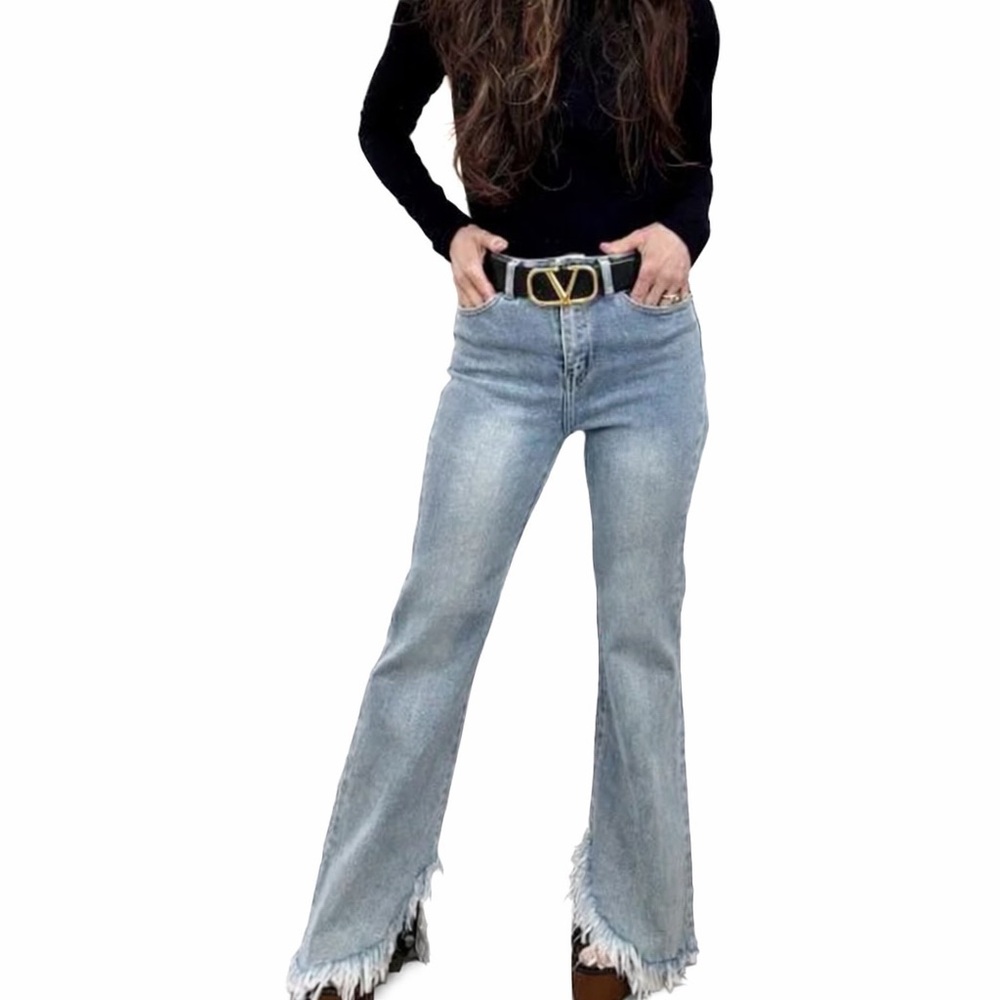 PINK LEGEND Light Wash Frayed Flare Jeans